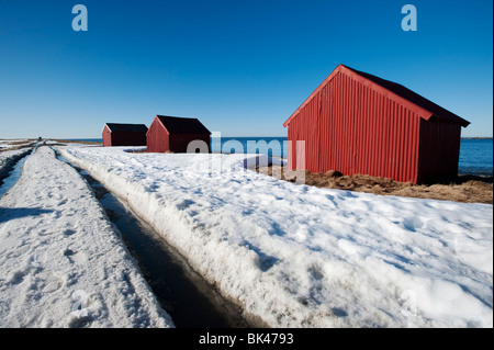 Rote Hütten auf See im Dorf Eggum auf den Lofoten in Norwegen Stockfoto