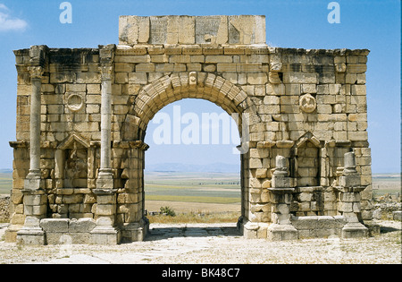 Volubilis Marokko (römische Ruinen) mit Triumphbogen (der Bogen des Caracalla) platziert am Ende der main street Decumanus Maximus Stockfoto