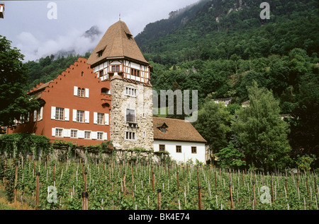 Das rote Haus gehört zu den historischen Stätten in Vaduz, Liechtenstein Stockfoto