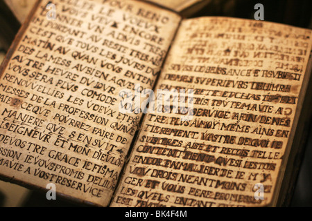 Alte Texte in Französisch im Hopital Notre Dame De La Rose, einige von ihnen im Zusammenhang mit der Behandlung kranker Menschen. Lessines, Belgien Stockfoto