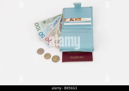 Leichte blaue Damen Geldbörse mit Geld, polnische Währung, Banknoten, Münzen und britischen Pass, weißer Hintergrund, Ausschnitt, Reisen Stockfoto