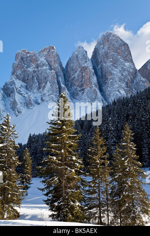 Winterlandschaft, Le Geisler Gruppe mit Geisler Spitzen 3060 m, Val di Funes, Dolomiten, Trentino-Alto Adige, South Tiro, Italien Stockfoto