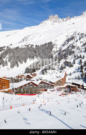 Méribel-Mottaret, 1750m, Skigebiet, Meribel, Trois Vallées (Les Trois Vallees), Savoie, Alpen, Frankreich Stockfoto