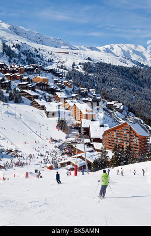 Méribel-Mottaret, 1750m, Skigebiet, Meribel, Trois Vallées (Les Trois Vallees), Savoie, Alpen, Frankreich Stockfoto