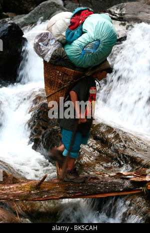 Ein Portier überquert einen Fluss tragen eine schwere Last auf das Hingku-Tal in der Nähe von Lukla, südlich von Mount Everest, Nepal Stockfoto