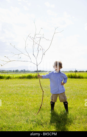 Kleiner Junge hält großen Stock im Feld Stockfoto