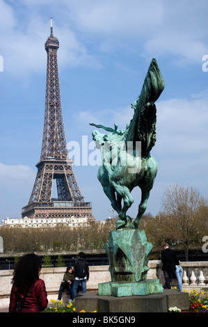 Paris, Frankreich, kleine Gruppen, Touristen, die den Eiffelturm sehen, von der Bir-Hakeim-Brücke, dem Platz, der hinteren öffentlichen Statue Stockfoto