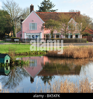 DANBURY, ESSEX, Großbritannien - 10. APRIL 2010: Blick über das hübsche Dorf Grün und Ententeich, Stockfoto