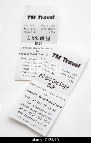 Zwei Tm Travel Bus Tickets hin- und Rückflug Reisen Stockfoto