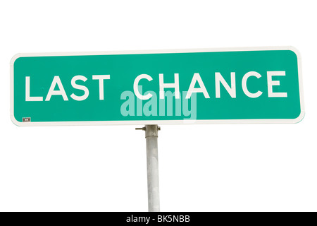 Bhz Stadt Zeichen letzte Chance Colorado 80757 an der Kreuzung des U.S. Highway 36 und State Highway 71 Ausschneiden Ausschnitt isoliert. Stockfoto