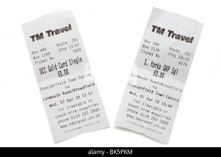 Zwei Tm Travel Bus Tickets hin- und Rückflug Reisen Stockfoto