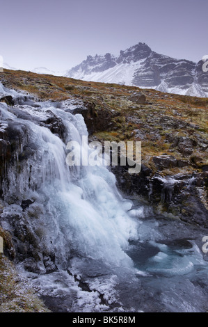 Gefrorener Wasserfall und Strom in den Osten, in der Nähe von Neskaupstadur, Nordfjordur-Reydarfjördur, Osten Fjorde, Island Stockfoto