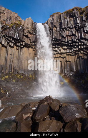 Wasserfall Svartifoss (Black Falls), mit überhängenden schwarzen Basaltsäulen, Skaftafell-Nationalpark, Island, Polarregionen Stockfoto