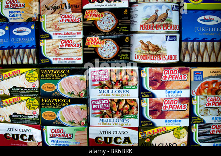 Lebensmittelhändler Lebensmittelgeschäft Madrid Spanien konservierte Fleisch-Gemüse-Blechdose Stockfoto