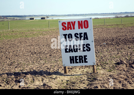 Zeichen gegen Einführung der Seeadler Meer Vögel an der Küste von Suffolk, Blythburgh zu protestieren, Stockfoto