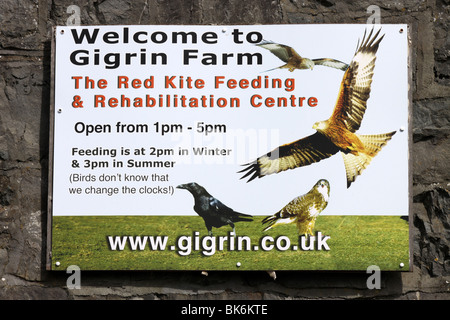 Werbeschild am Gigrin auf dem Bauernhof Rotmilan Fütterung und Rehabilitationszentrum, Powys, Wales Stockfoto