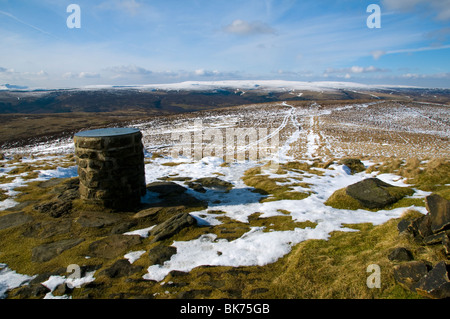 Bleaklow fiel aus der Orientierungstafel auf verloren Lad, Derwent Moors, Peak District in Derbyshire, England, UK Stockfoto