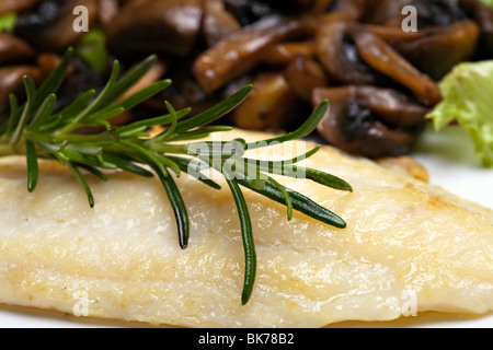 Gegrillte Seezunge mit Pilzen und Kräutern Stockfoto