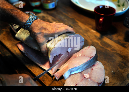 Schnitzel machen aus einem frisch gefangenen spanische Makrele im nördlichen New South Wales Australien Stockfoto