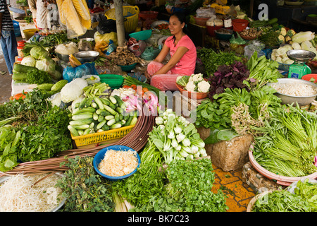 Junge Frau sitzt in ihrem Gemüse Stall auf dem täglichen Markt in der Vietnam Mekong Delta Stadt von Ha Tien Stockfoto