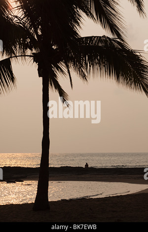 Palme und Person am Strand bei Sonnenuntergang Stockfoto