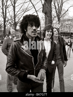 Phil Lynott, Scott Gorham und Gary Moore in Kopenhagen während der Thin Lizzy-Tour Skandinavien Stockfoto