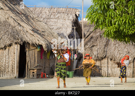 Kuna-Frauen tragen Holz durch Dorf, Wichub-Wala Island, San Blas Inseln, Comarca de Kuna Yala, Panama, Mittelamerika Stockfoto