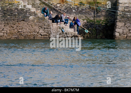 Urlauber, die Fischerei auf Krabben aus der Kai Schritte in Looe in Cornwall.  Foto von Gordon Scammell Stockfoto