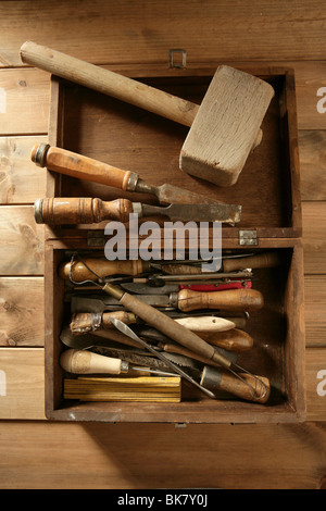 Tischler Künstler aus Holz Handwerker Toolbox über Holz Hintergrund Stockfoto