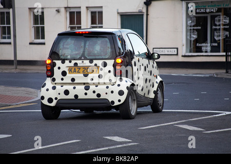 Das schicke dalmatinische Smart Car fährt im Juni um die Kreuzung in Wimborne, Dorset, Großbritannien Stockfoto