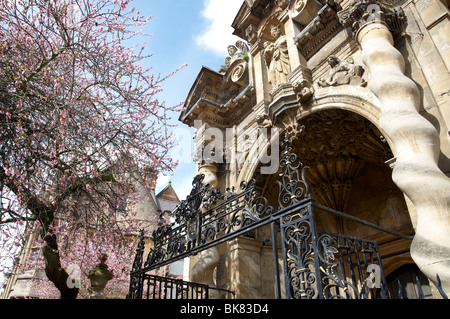 Eintritt Veranda und das Tor an der Universität St. Mary die Jungfrau in Oxford, England mit blühenden Kirschbäume Baum vor. Stockfoto