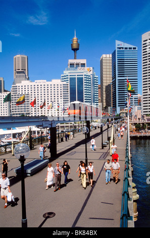 Darling Harbour mit Monorail Zug unter Skyline von Sydney in New South Wales, Australien Stockfoto