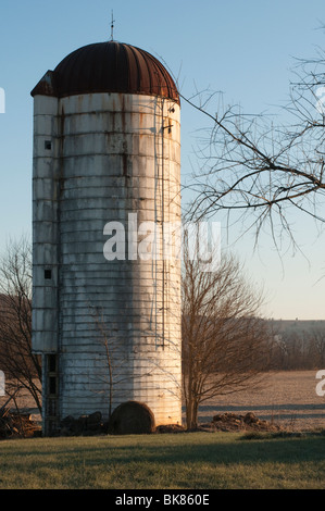 Große Silo im frühen Morgenlicht auf einem Bauernhof im ländlichen Virginia. Stockfoto