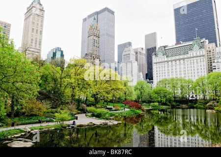 NEW YORK, NY, Vereinigte Staaten – der Teich im New Yorker Central Park spiegelt die lebhaften Farben des Frühlings wider, mit blühenden Bäumen und frischem Laub rund um das ruhige Wasser. Im Hintergrund erhebt sich die berühmte Skyline von Manhattan über dem Park und schafft einen eindrucksvollen Kontrast zwischen der natürlichen Oase und der urbanen Landschaft von Midtown. Stockfoto