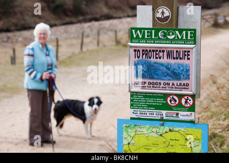 Eine Mitteilung an Hundebesitzer ihre Hunde an der Leine zum Schutz der Moorlandschaft Wildtiere im Wald von Bowland, Lancashire, UK zu halten. Stockfoto