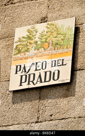 Straßenschild, Paseo del Prado, Madrid, Spanien, Iberische Halbinsel, Europa Stockfoto