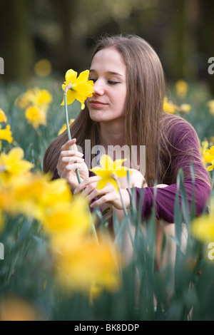 Ein junges Mädchen schaut nachdenklich in einem Feld von Narzissen. Stockfoto