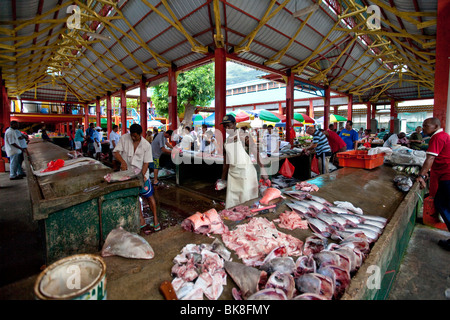 Lebhaften Fischmarkt Sir Selwyn Clarke Market auf der Market Street, Victoria, Mahé, Seychellen, Indischer Ozean, Afrika Stockfoto