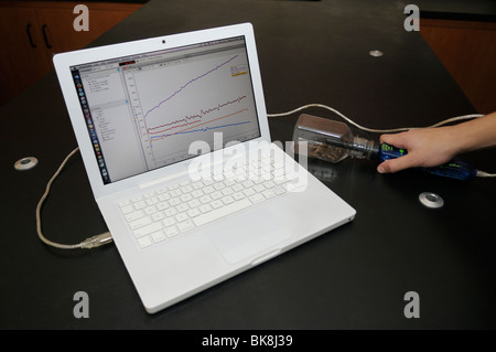 Computer-Interface Kohlendioxid-Sensor Messung CO2 im Laufe der Zeit durch aerobe Atmung von Grillen. Stockfoto