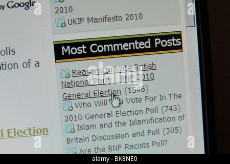 Einem Computer-Bildschirm Aufnahme einer Forum-Debatte mit dem Titel "Gründe für die Abstimmung British National Party: BNP 2010 allgemeine Wahlen". Stockfoto