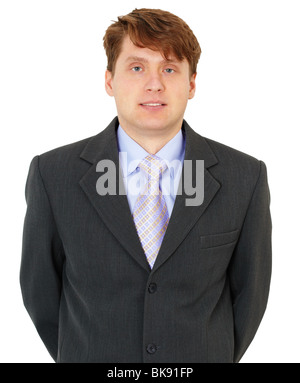 Ein hübscher junger Mann in einer Jacke auf weißem Hintergrund Stockfoto