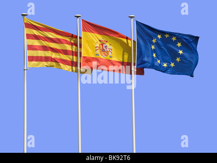 Flagge von Katalonien, Spanien und Europa Stockfoto