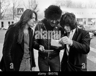 Phil Lynott, Scott Gorham und Gary Moore in Kopenhagen während der Thin Lizzy-Tour Skandinavien Stockfoto