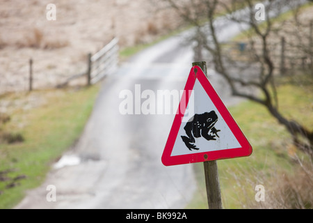 Eine Kröte Kreuzung Warnschild auf einer Straße in der Nähe von Aktien Reservoir in Lancashire, UK. Stockfoto