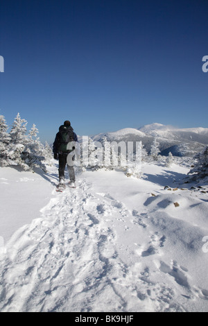 Ein Wanderer auf dem Gipfel des Mount Pierce in den White Mountains, New Hampshire, USA Stockfoto