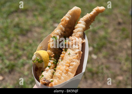 Tief gebratener Fisch ist gestapelt auf Chips und serviert in einem Kegel aus Pappe mit einem Keil von Zitrone und Petersilie zum garnieren Stockfoto