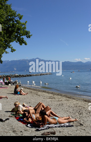Menschen Sonnenbad am Genfer See, Ouchy, Lausanne, Kanton Waadt, Schweiz Stockfoto
