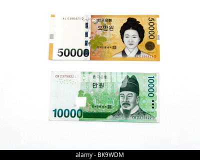 Südkoreanische Banknoten Yi L Ojukheon auf 50000 gewann Hinweis und Sejong der große Irworobongdo auf 10000 Won-Schein Stockfoto
