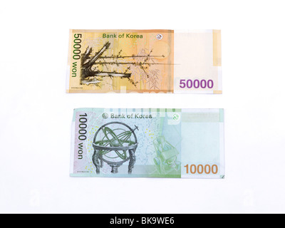 Südkoreanische Banknoten 10000 und 50000 Won Stockfoto