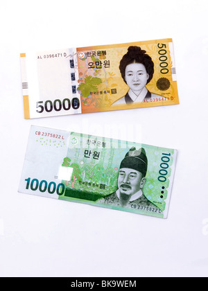 South Korean Banknoten Yi L Ojukheon auf 50000 gewann Hinweis und Sejong der große Irworobongdo auf der 10000 gewann Hinweis Stockfoto